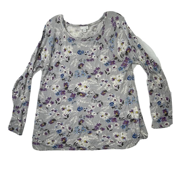 J. Jill Womens Size Large Grey Floral Print Stretch Long Sleeve Blouse‎ Top - Picture 1 of 11